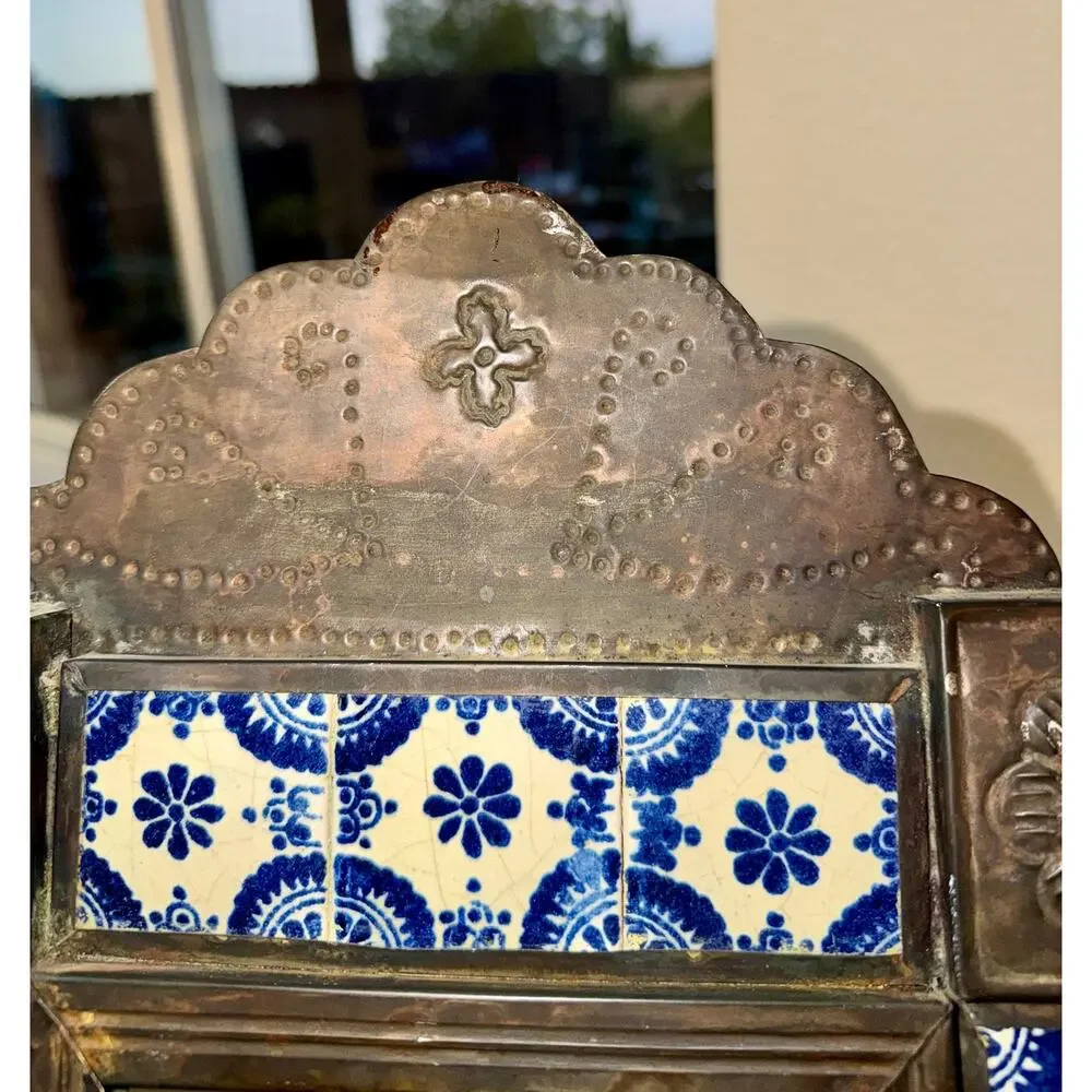 Vintage Mexican Talavera Tile Tin Wall Mirror Blue White Folk Art 20 x 12